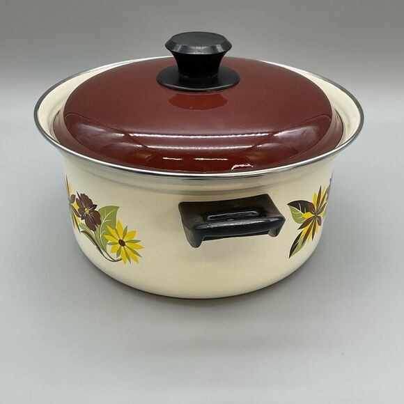 70s Floral Enamel Ware Dutch Oven Stock Pot Double Handle MCM - Picture 5 of 9
